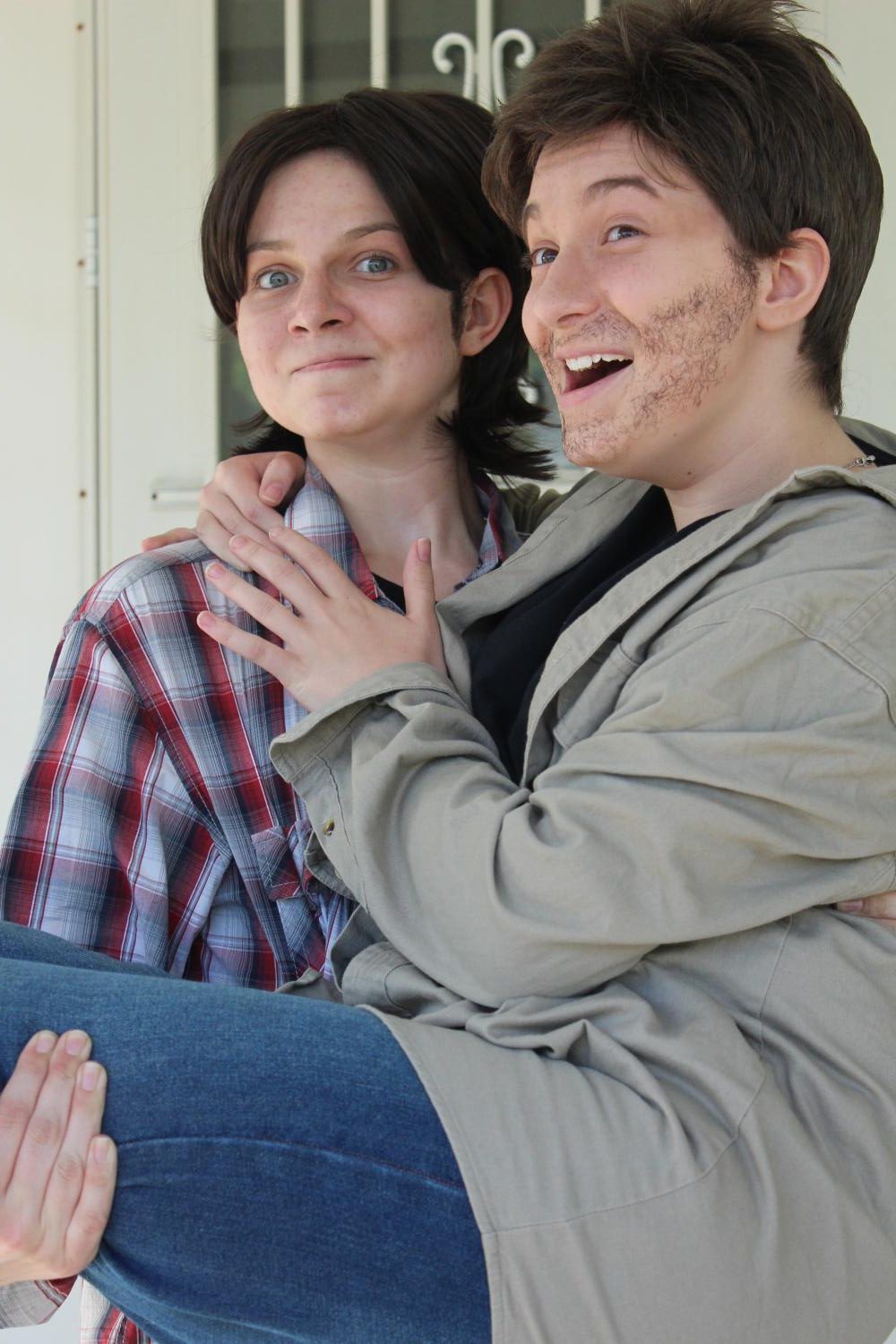 Amanda McCarty and Hannah McCleskey dressed as their favorite Supernatural character, Sam and Dean Winchester.