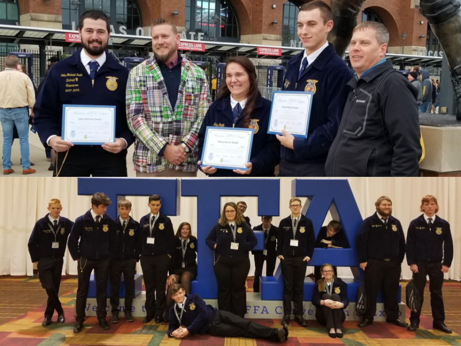(Top) Newly awarded American degree winners stand with the FFA sponsors in after receiving their awards. (Bottom) Current FFA members gather for a photo on Thursday for their first day of National Convention.