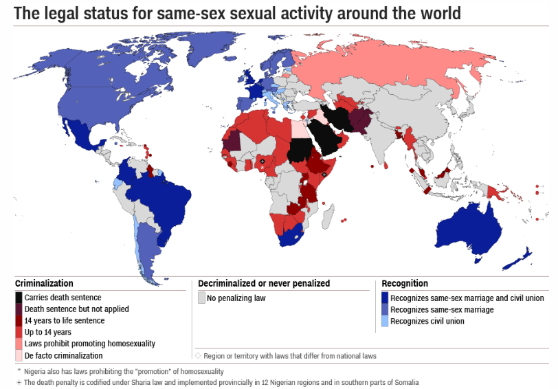 Click on the image above for a better view of a chart depicting the legal status of same-sex sexual activity across the globe.