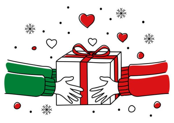 Line art illustration of human hands giving Christmas present, for Christmas theme and background